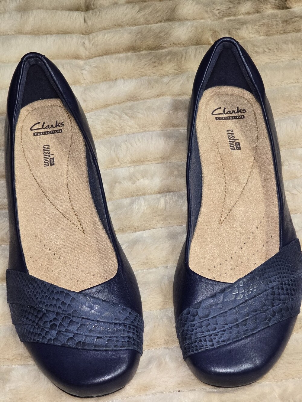 Clarks Navy Blue Slip-On Ballet Flats with Textured Strap